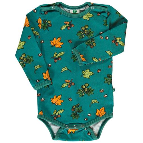 Se Småfolk Long-sleeved baby body with Fall leaves  Petroleum Green | Grønn | 74 cm ved Babyshop