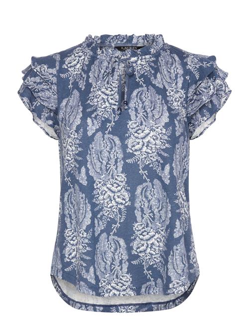 Lauren Ralph Lauren Floral Linen-Blend Jersey Tie-Neck Top Lauren Ralph Lauren Blue