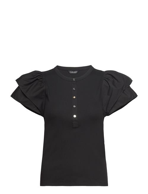 Se Lauren Ralph Lauren Stretch Cotton Flutter-Sleeve Henley Top Lauren Ralph Lauren Black ved Booztlet