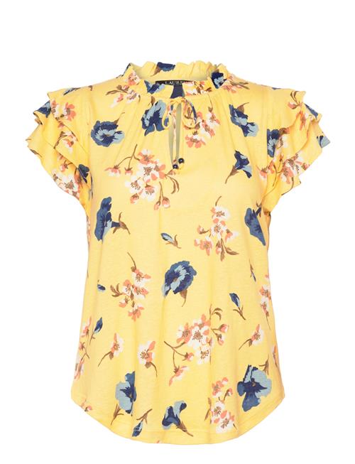 Se Lauren Ralph Lauren Floral Linen-Blend Jersey Tie-Neck Top Lauren Ralph Lauren Yellow ved Booztlet