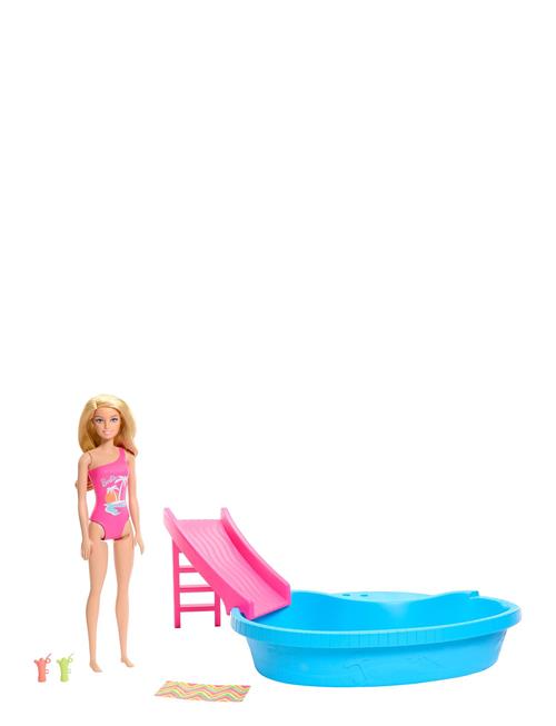 Doll And Pool Playset, Blonde With Pool, Slide, Towel And Drink Accessories Barbie Patterned