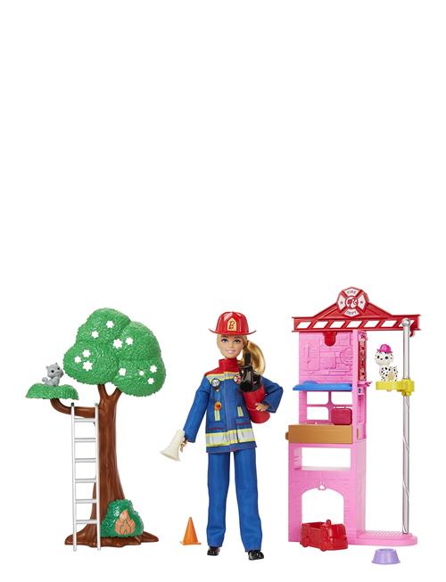 Firefighter Playset With Blonde Fashion Doll, Fire Station, 2 Pets & 10+ Accessories Barbie Patterned