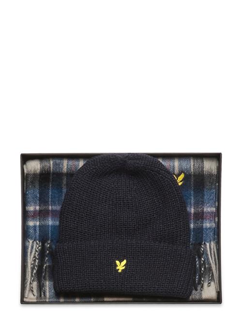 Lyle & Scott Lambswool Blend Checked Scarf And Beanie Gift Set Lyle & Scott Navy