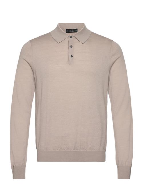 Mango 100 Merino Wool Long- Sleeved Polo Shirt Mango Grey