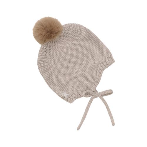 Se Huttelihut Baby Bonnet Uldstrik m. Pompom Camel Melange | Brun | 74/80 cm ved Babyshop