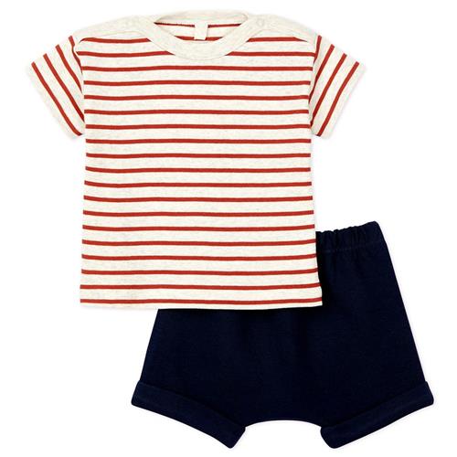 Petit Bateau Stribet T-shirt Og Shorts Sæt Cremefarvet | Rød | 1 months