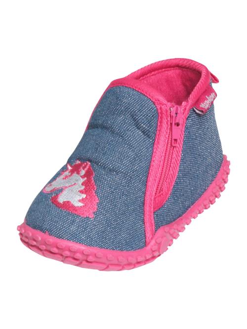 Se PLAYSHOES Hjemmesko 'Einhorn'  blue denim / mørk pink ved About You