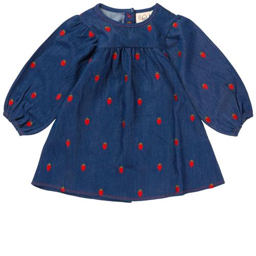 Se Flöss Colette Broderet Kjole Berry Denim | Blå | 116 cm ved Babyshop