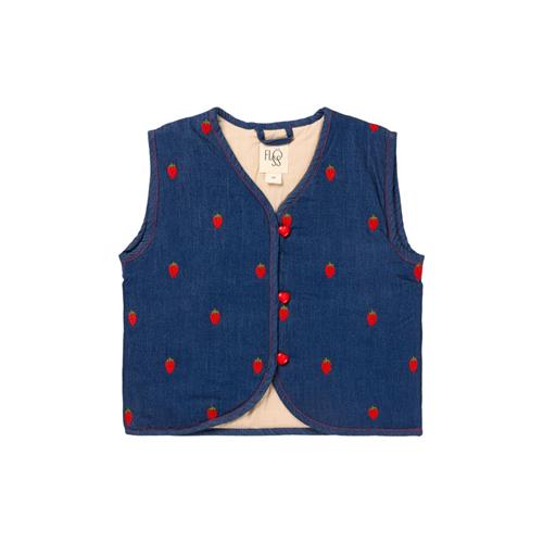 Se Flöss Colette Broderet Vest Berry Denim | Blå | 104 cm ved Babyshop