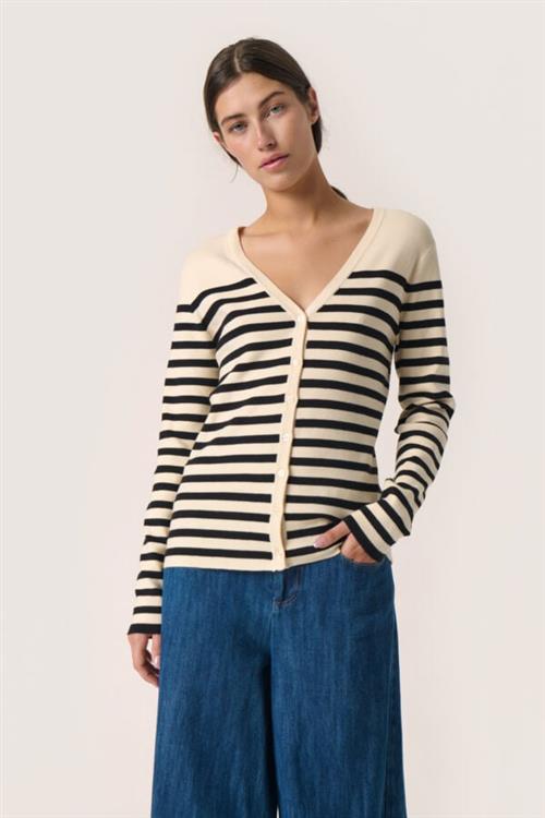 Soaked in Luxury Slpina Vneck Cardigan Kvinde White With Black Stripe Cardigans Slim Fit Str S - hos Magasin