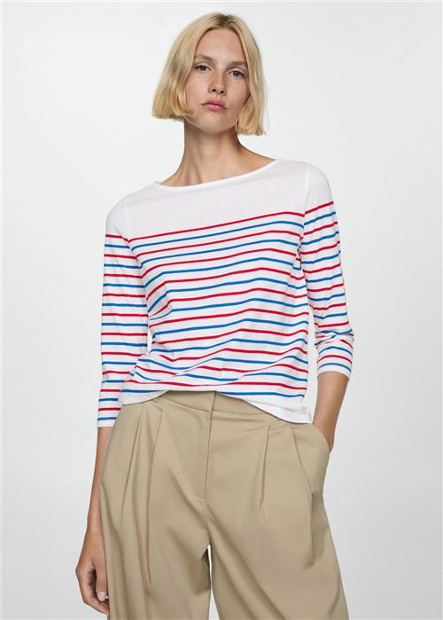 Se MANGO Striped Boatneck T-shirt Kvinde White Kortærmede T-shirts Str M - hos Magasin ved Magasin