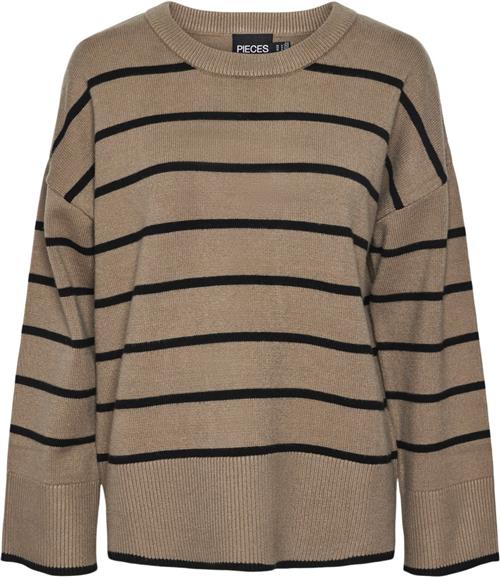 Se Pieces Pcmathilde LS Oneck Knit Noos BC Kvinde Taupe Gray/black Sweaters Str S - hos Magasin ved Magasin