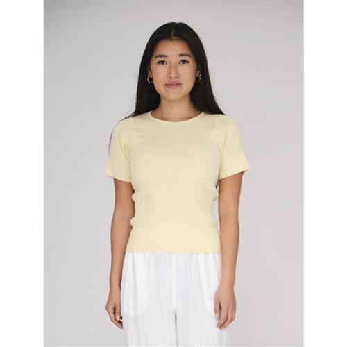 A-VIEW Rib Knit Short Sleeve top Kvinde Pale Yellow Kortærmet Strik Tight Fit Str M - hos Magasin