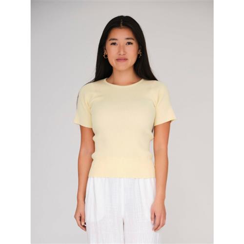 A-VIEW Rib Knit Short Sleeve top Kvinde Pale Yellow Kortærmet Strik Tight Fit Str XL - hos Magasin