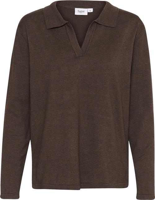 Se Saint Tropez Milasz Polo Pullover Kvinde Dark Oak Melange Sweaters Str XXL - hos Magasin ved Magasin