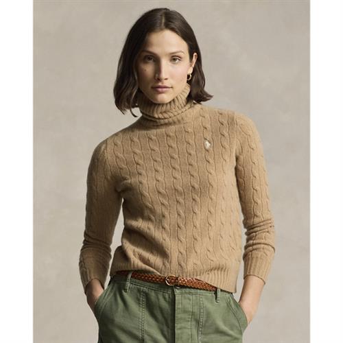 Polo Ralph Lauren Woolcashmere Cable Turtleneck Sweater Kvinde Collection Camel Melange Rullekraver Str S - Uld hos Magasin