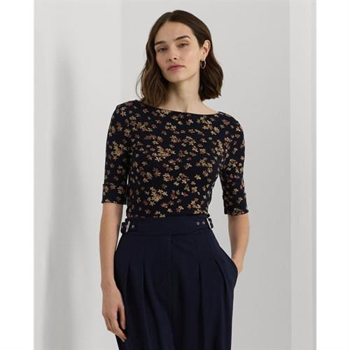 Lauren Ralph Lauren Floral Cotton Boatneck Tee Kvinde Navy Kortærmede T-shirts Str L - Bomuld hos Magasin