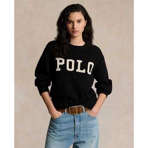 Polo Ralph Lauren Logo Crewneck Sweater Kvinde Polo Black/cream Sweaters Str M - Bomuld hos Magasin