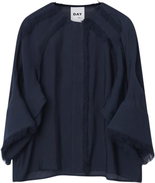 DAY Birger et Mikkelsen Cassie Sheer Fringes Kvinde Dark Sapphire Langærmede Bluser Str 34 - hos Magasin