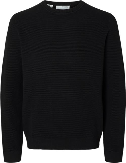 Se Selected Homme Slhross LS Knit Structure Crew Neck Mand Black Sweaters Str M - hos Magasin ved Magasin