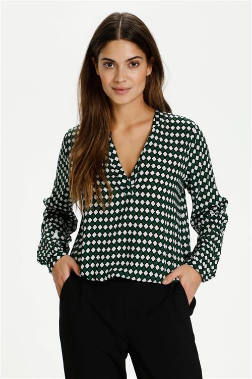 Kaffe Kasary Tilly Blouse Kvinde Dark Green -Diamond Print Langærmede Bluser Regular Fit Str 38 - hos Magasin