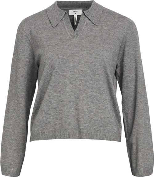 Object Objthess L/S Vneck Knit Polo Noos Kvinde Medium Grey Melange Sweaters Str XS - hos Magasin