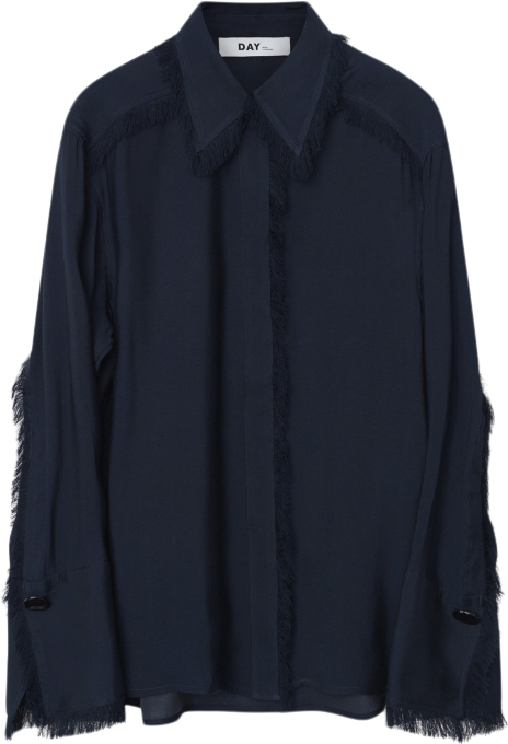 DAY Birger et Mikkelsen Havanna Sheer Fringes Kvinde Dark Sapphire Langærmede Bluser Str 36 - hos Magasin