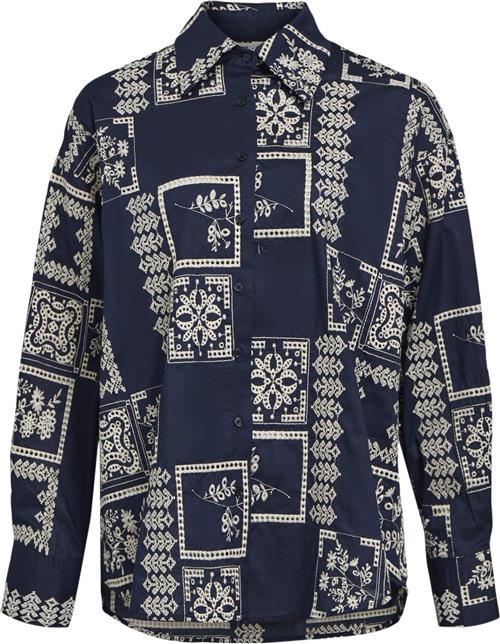 Object Objdicte L/S LO Shirt CC1 AW Kvinde Sky Captain/white Sand Embroidery Langærmede Skjorter Str 42 - hos Magasin