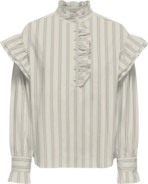 ONLY Onlmalou LS Frill Stripe TOP WVN CS Kvinde Bone White/pink Lady + Hedge Green Toppe Regular Fit Str S - hos Magasin