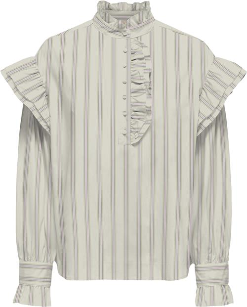 ONLY Onlmalou LS Frill Stripe TOP WVN CS Kvinde Bone White/pink Lady + Hedge Green Toppe Regular Fit Str M - hos Magasin