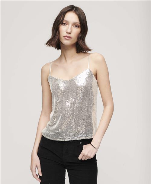 Se Superdry Sequin Cami Vest TOP Kvinde Silver Sequin Tanktoppe Str 14/L - hos Magasin ved Magasin