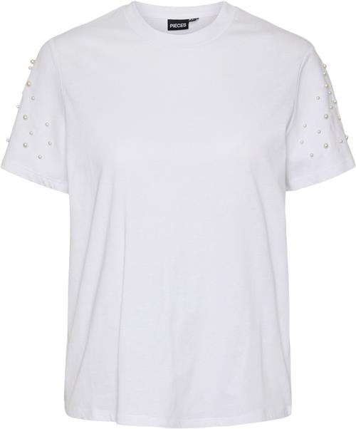 Pieces Pcrine SS Printed Tshirt BC Kvinde Bright White/pearl On Sleeve Kortærmede T-shirts Regular Fit Str L - Bomuld hos Magasin