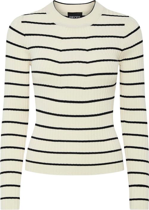 Se Pieces Pccrista LS Oneck Knit Noos BC Kvinde Birch/black Narrow Sweaters Str S - hos Magasin ved Magasin