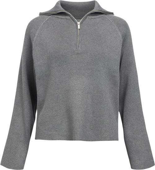 Object Objelly RE L/S ZIP Knit Pullover DI Kvinde Medium Grey Melange Toppe Str S - hos Magasin