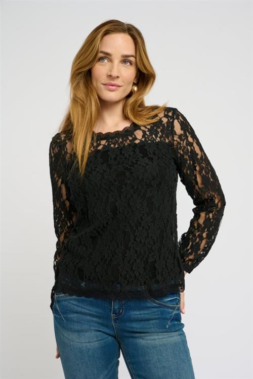 Cream Crkit Lace LS Blouse Kvinde Pitch Black Langærmede Bluser Str L - hos Magasin