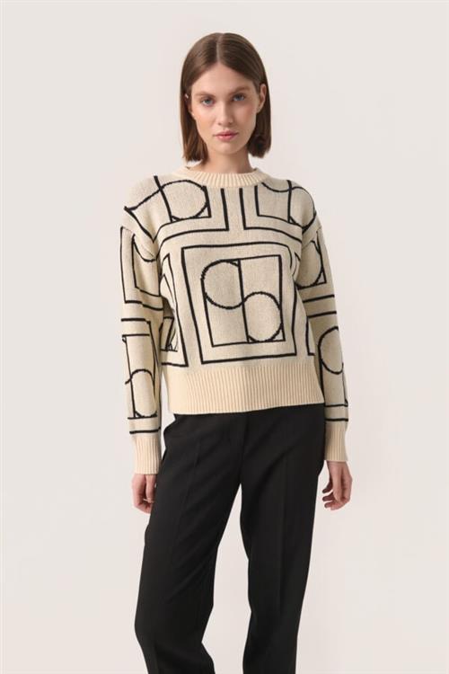 Soaked in Luxury Slcabba Pullover LS Kvinde Sandshell W. Black Monogram Sweaters Str M - hos Magasin