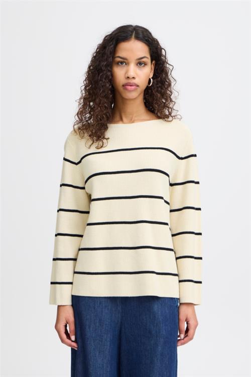 ICHI Ihboston LS6 Kvinde Almond Milk Black Stripe Sweaters Loose Fit Str XS - hos Magasin