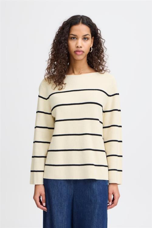 Se ICHI Ihboston LS6 Kvinde Almond Milk Black Stripe Sweaters Loose Fit Str XXL - hos Magasin ved Magasin