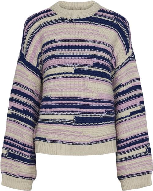 Se Pieces Pcnusa LS Oneck Knit BC Kvinde Birch/bellwether Blue + Pink Lavend Sweaters Str L - hos Magasin ved Magasin