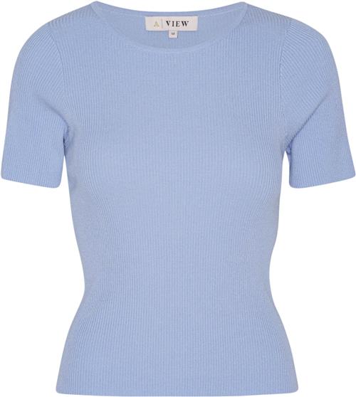 A-VIEW Rib Knit Short Sleeve top Kvinde Light Blue Kortærmet Strik Tight Fit Str L - hos Magasin