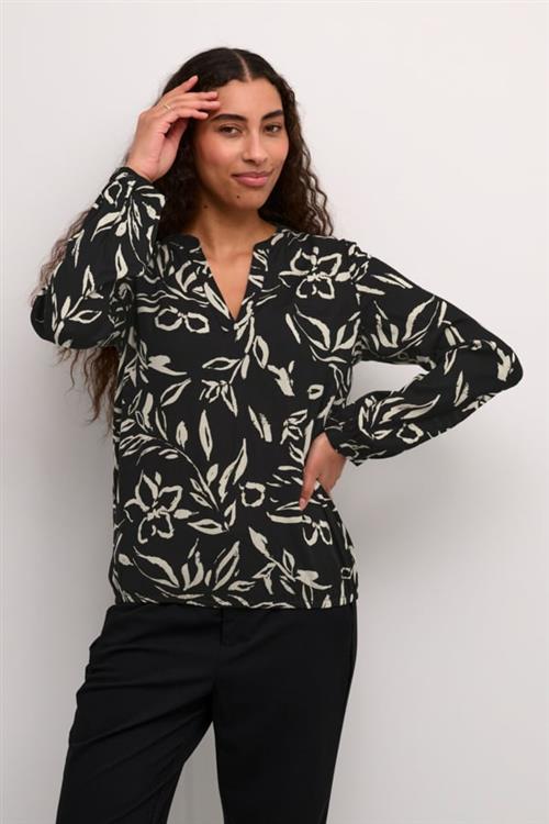 Kaffe Kaditte Blouse Kvinde Black/sand Painted Flower Langærmede Bluser Str 46 - hos Magasin