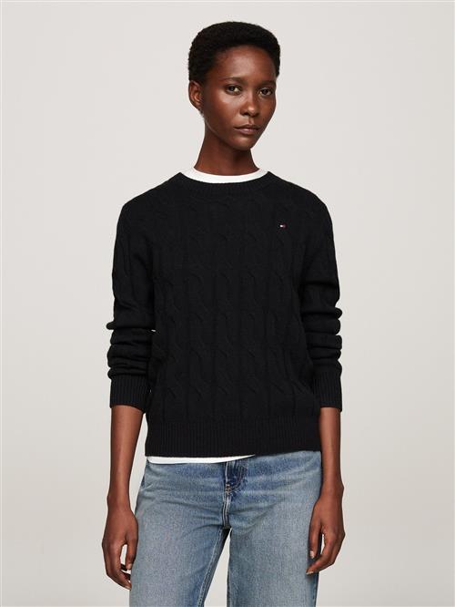 Tommy Hilfiger Soft Wool Cable CNK LS SWT Kvinde Black Langærmede Bluser Str XS - hos Magasin