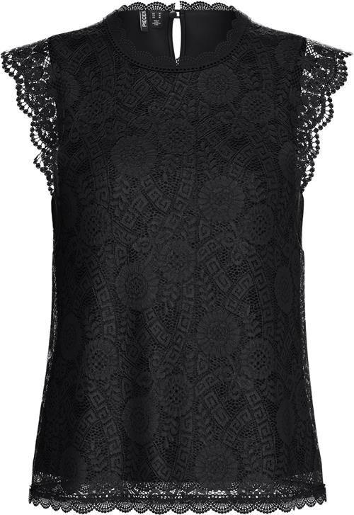 Pieces Pcolline SL Lace TOP Noos Kvinde Sort Toppe Regular Fit Str L - Polyester hos Magasin