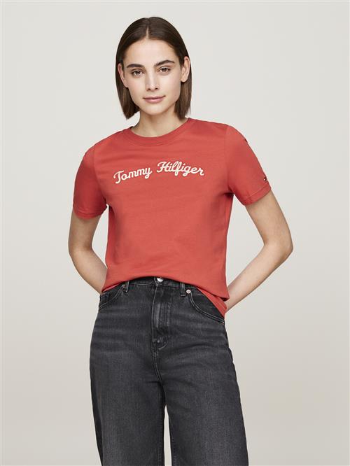 Tommy Hilfiger REG Script CNK SS Kvinde Terra Red Kortærmede T-shirts Str XS - hos Magasin