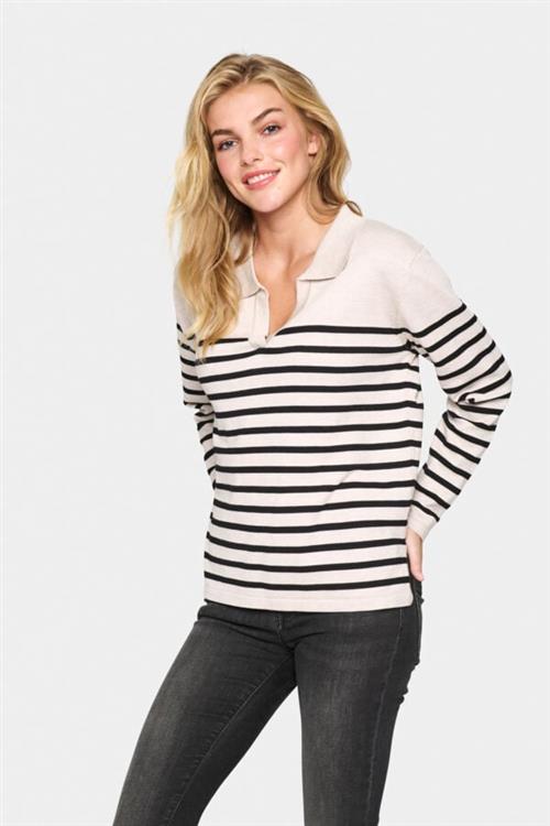 Saint Tropez Milasz Striped Polo Pullover Kvinde Gray Morn Mila Stripe Sweaters Loose Fit Str XL - hos Magasin