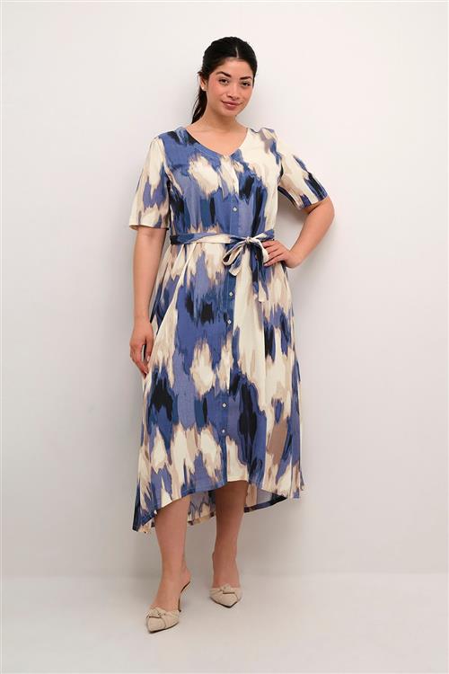 Kaffe Curve Kcbella Dress Kvinde Blue Abstract Print Midi Kjoler Str 46 - hos Magasin