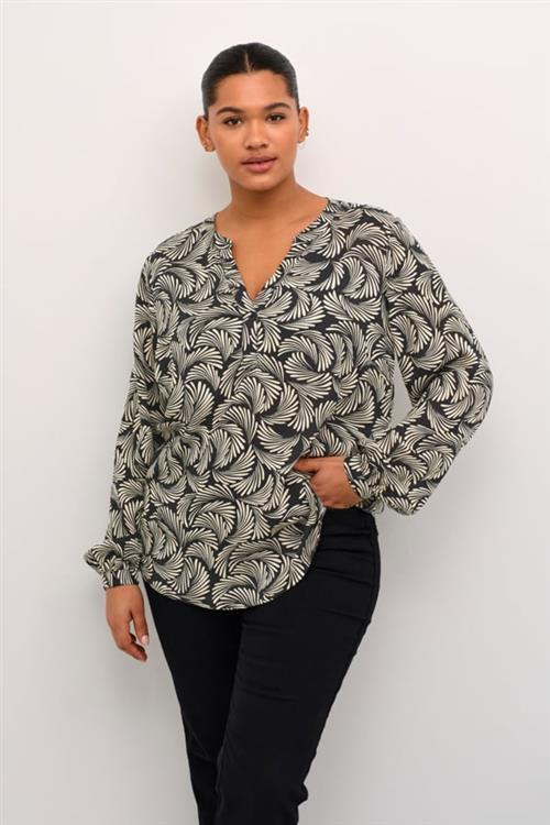 Kaffe Curve Kcmirta Tilly Blouse Kvinde Black Deep/antique White Print Langærmede Bluser Str 44 - hos Magasin