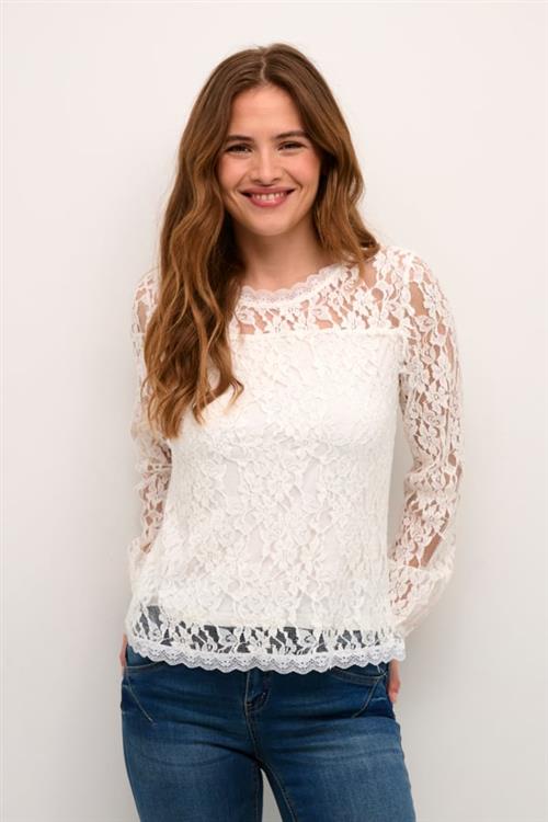 Se Cream Crkit Lace LS Blouse Kvinde Snow White Langærmede Bluser Str L - hos Magasin ved Magasin