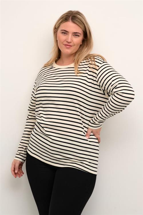 Kaffe Curve Kcwinni LS Tshirt Kvinde Antique White/black Stripe Kortærmede T-shirts Str S - hos Magasin