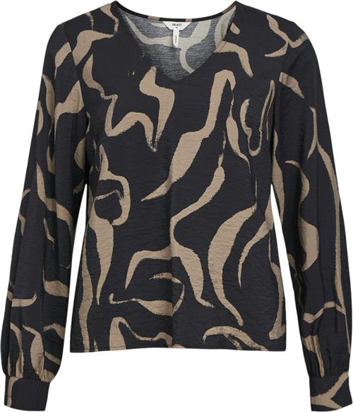 Object Objjacira L/S Vneck TOP Noos Kvinde Black/desert Taupe Abstract Flower Toppe Str 38 - hos Magasin